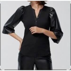 NWOT Chico's Ribbed Knit Top Faux Leather Sleeve Blouse Button Front Medium‎